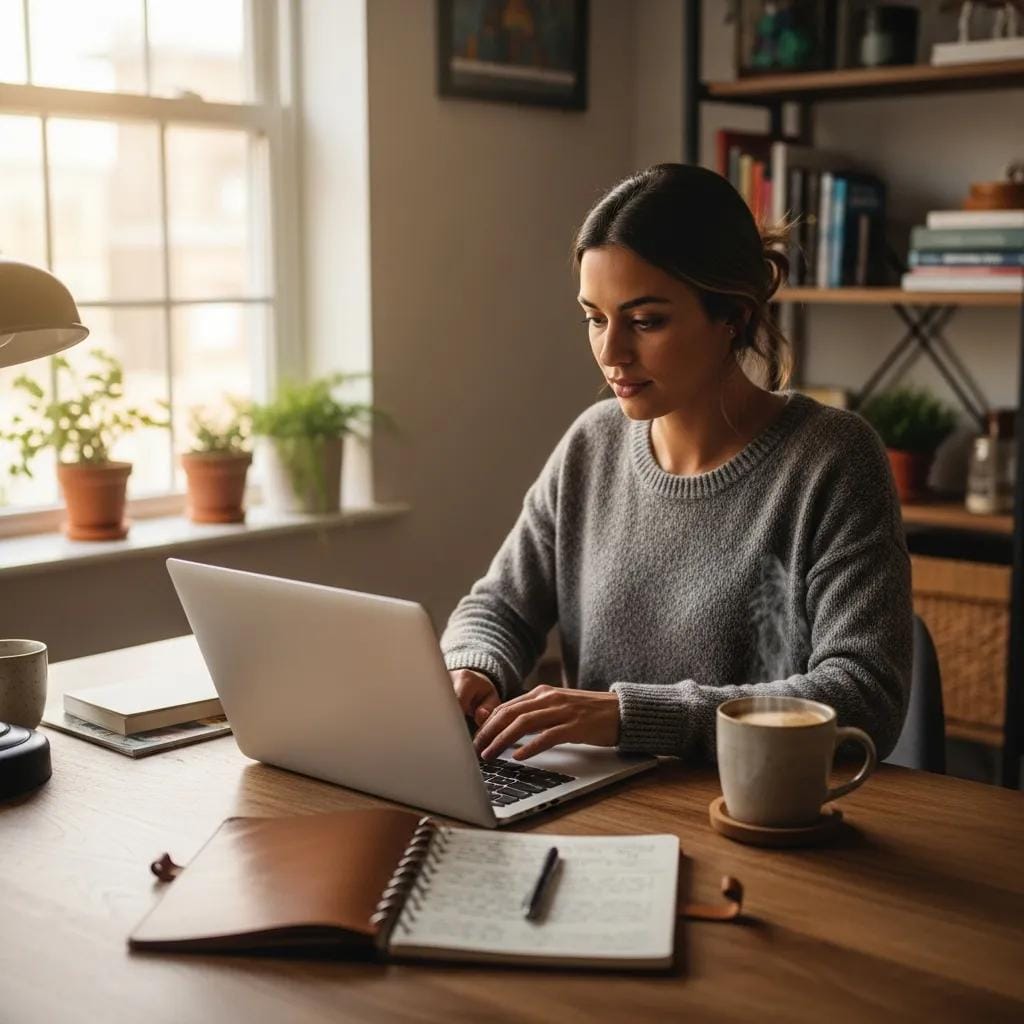 Small business owner in a cozy office setting, emphasizing productivity and organization