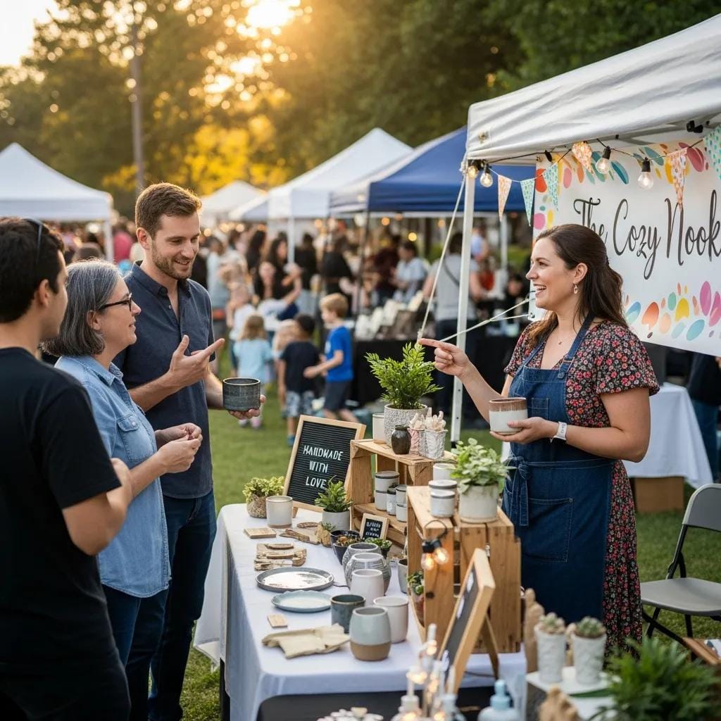 Small business owner interacting with community members at a local event, highlighting the importance of community support