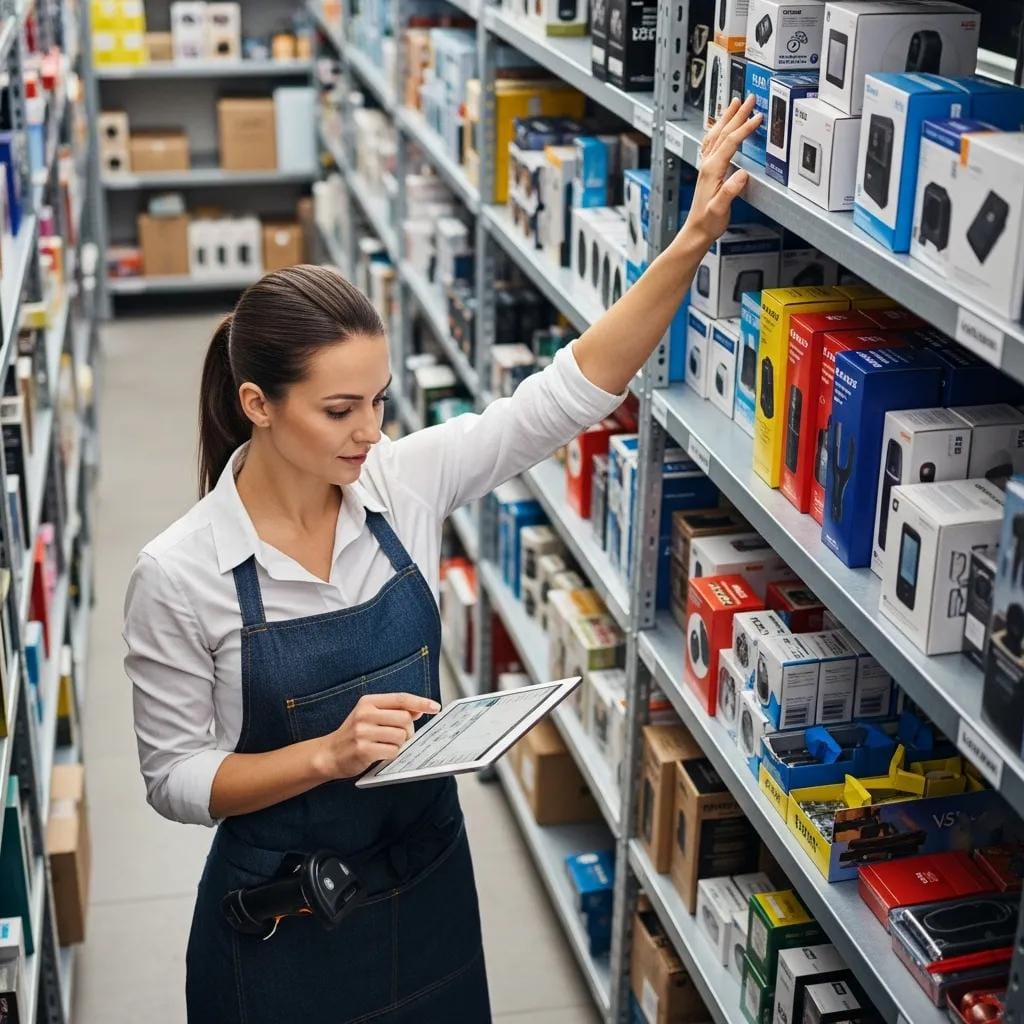Small business owner managing inventory with a tablet in a retail storage area