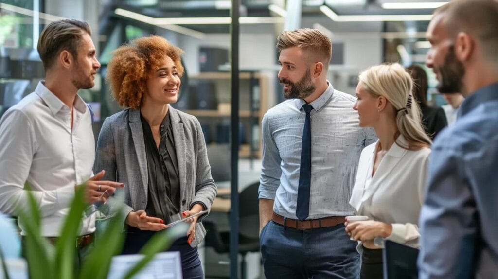 group of people dressed business casual talking in an office
