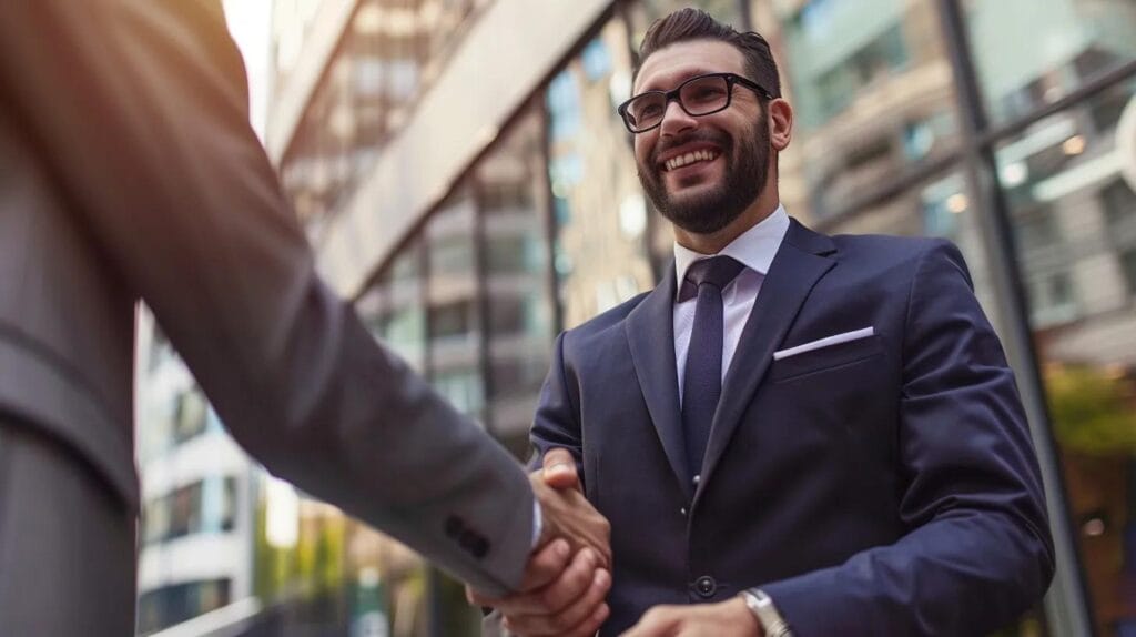 Two professionals shaking hands during a business introduction