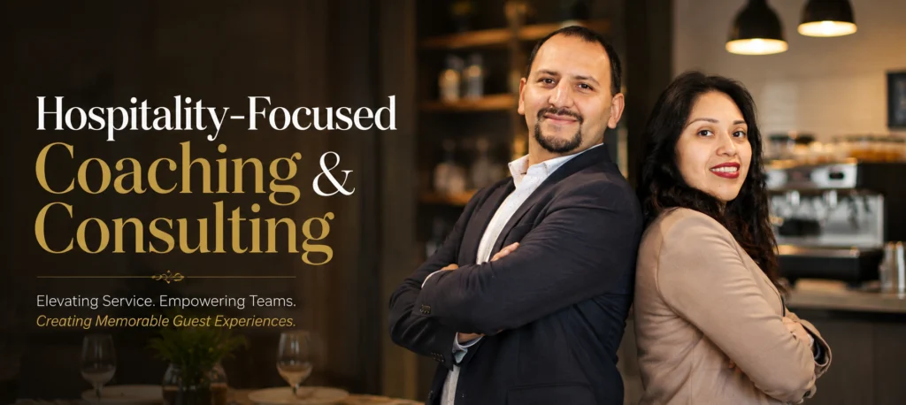 Hospitality professionals collaborating in a restaurant setting, emphasizing teamwork and innovation