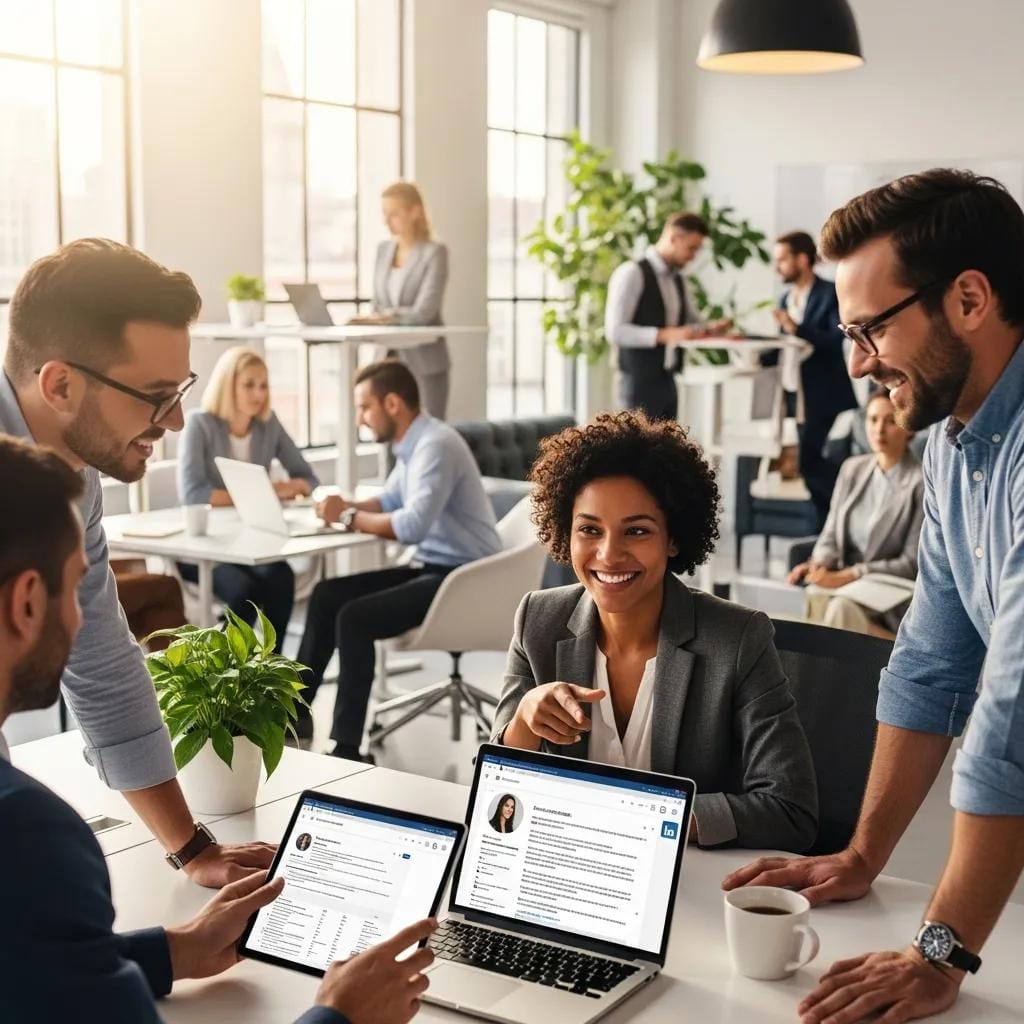 Business professionals engaging on LinkedIn in a modern office setting