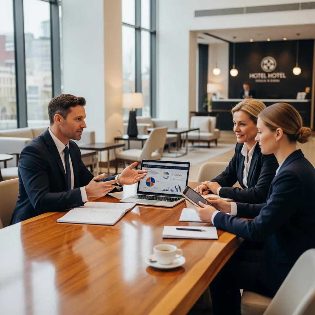 Consultant meeting with hotel managers in a modern lobby to plan strategy and improvements