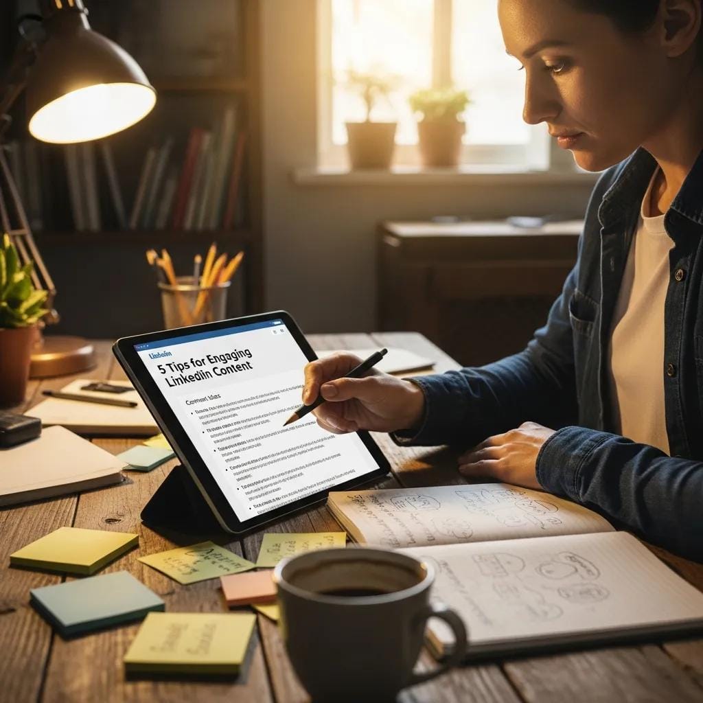 Focused content creation for LinkedIn in a professional home office setting