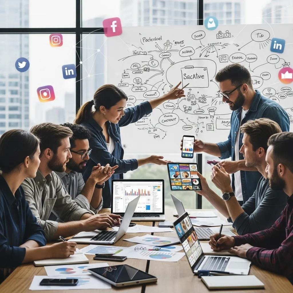 Diverse professionals collaborating on social media strategies in a modern workspace