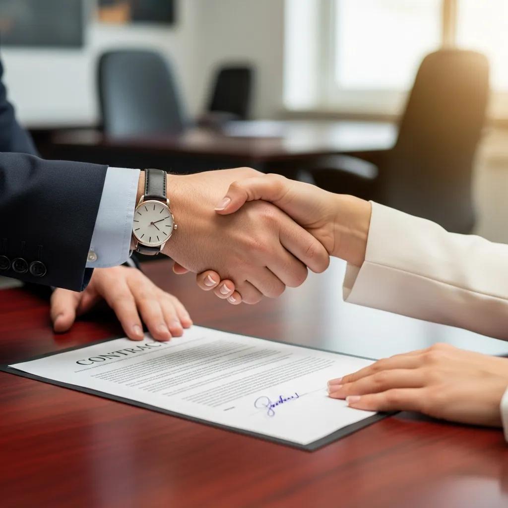 Handshake over a contract representing successful negotiation of retainer agreements