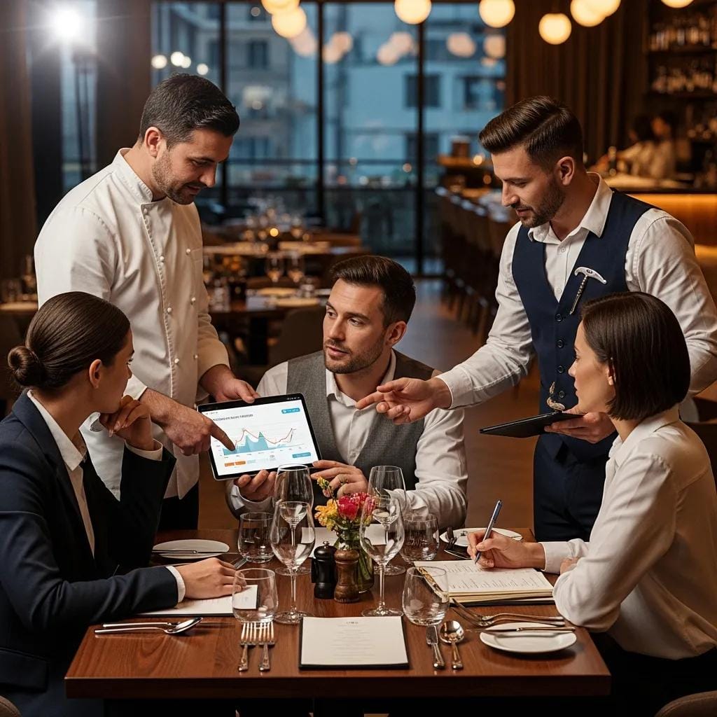 Hospitality professionals collaborating in a restaurant setting, emphasizing teamwork and innovation