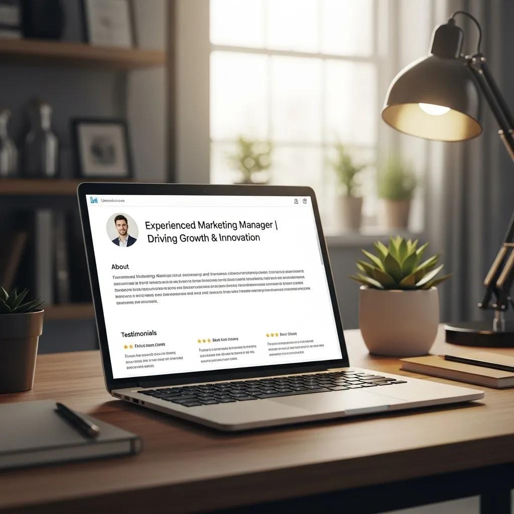 Laptop displaying a focused, optimized LinkedIn profile in a professional workspace