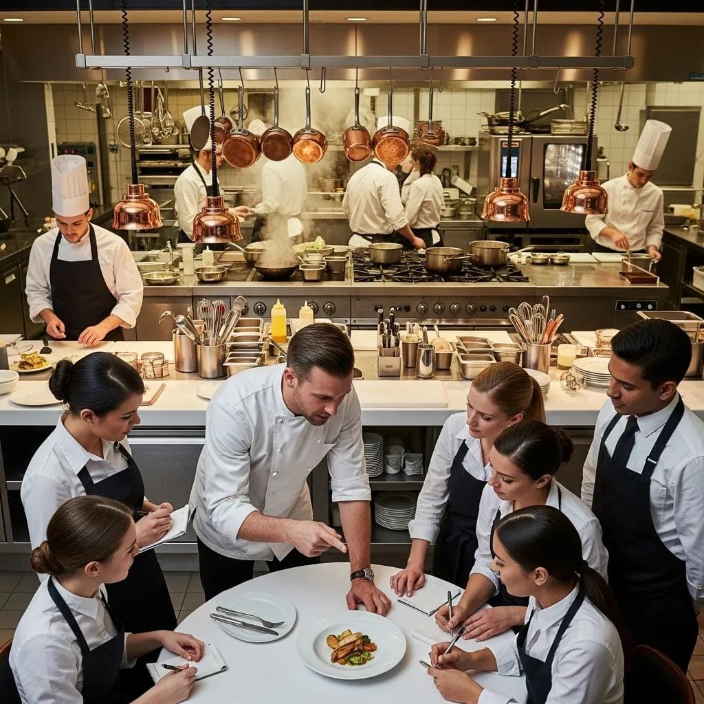Restaurant staff in a training session practicing service techniques to improve operations