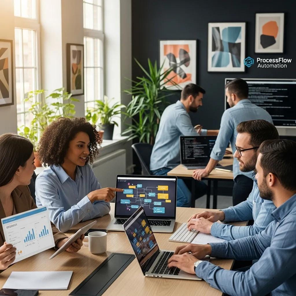 Small business team collaborating on process automation and RPA technologies