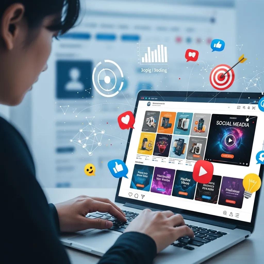 Laptop showing social media ad creatives and performance metrics