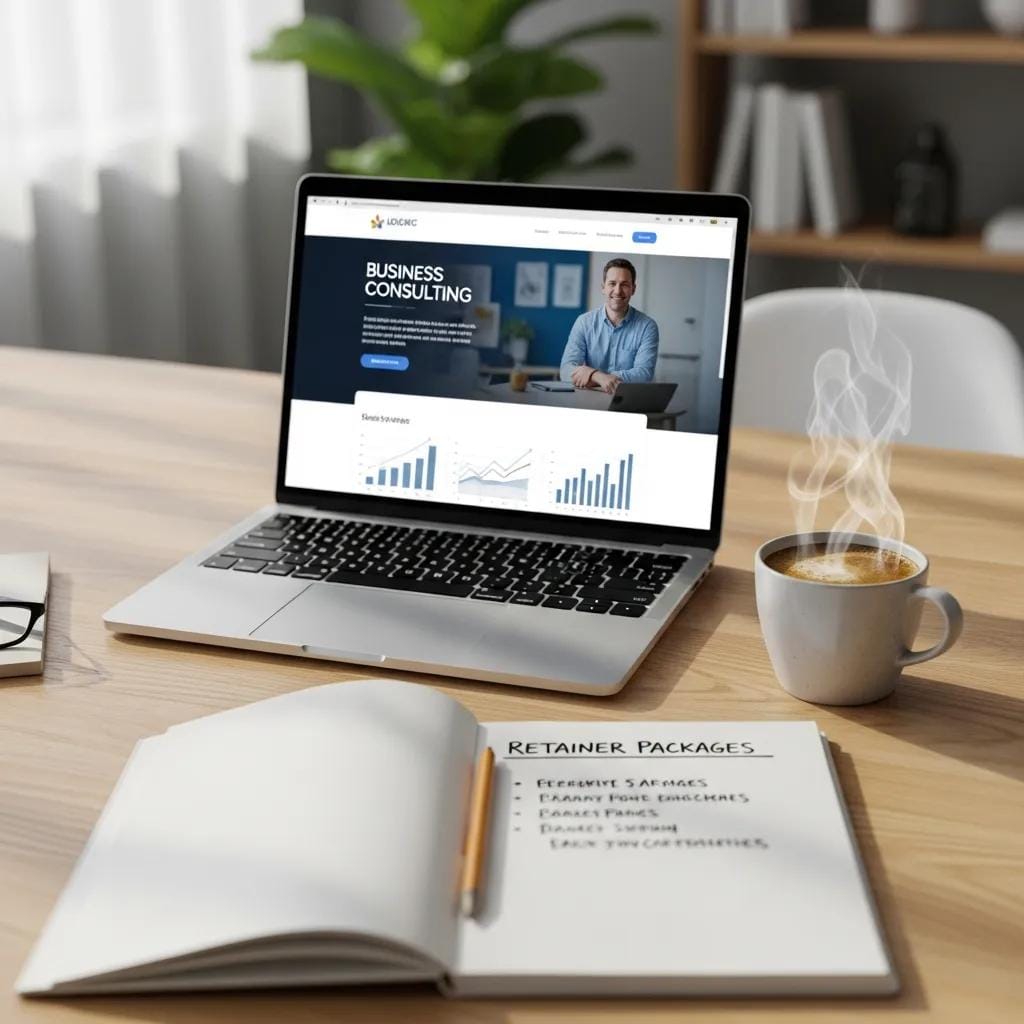 Workspace with laptop, notepad, and coffee representing business consulting and retainer packages