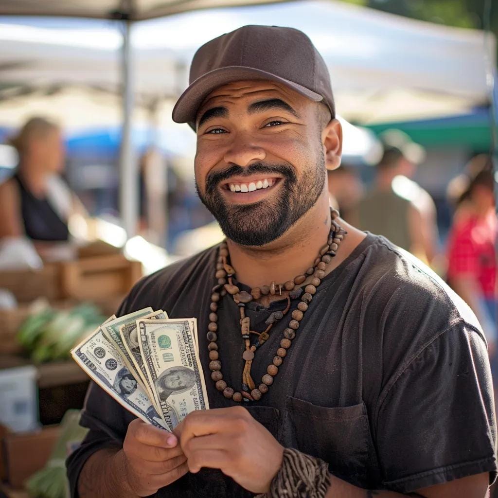 small local farmers market vendor holding a large anount of money with a grin on his face
