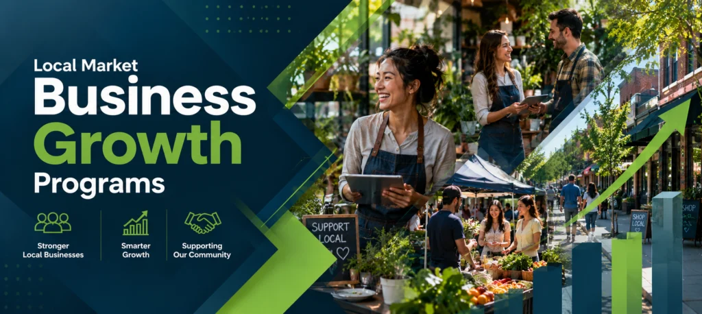 Diverse local business owners collaborating in a modern workspace, emphasizing teamwork and innovation