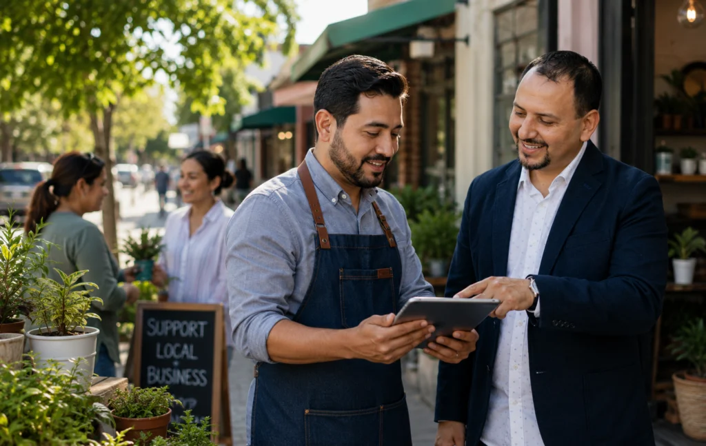 Community event with local businesses and residents interacting&mdash;building partnerships and local momentum
