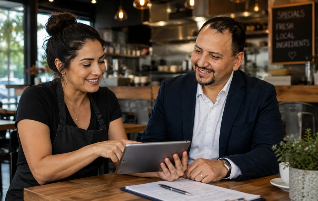 A coach advising a small-business owner in an office&mdash;focused guidance for practical growth
