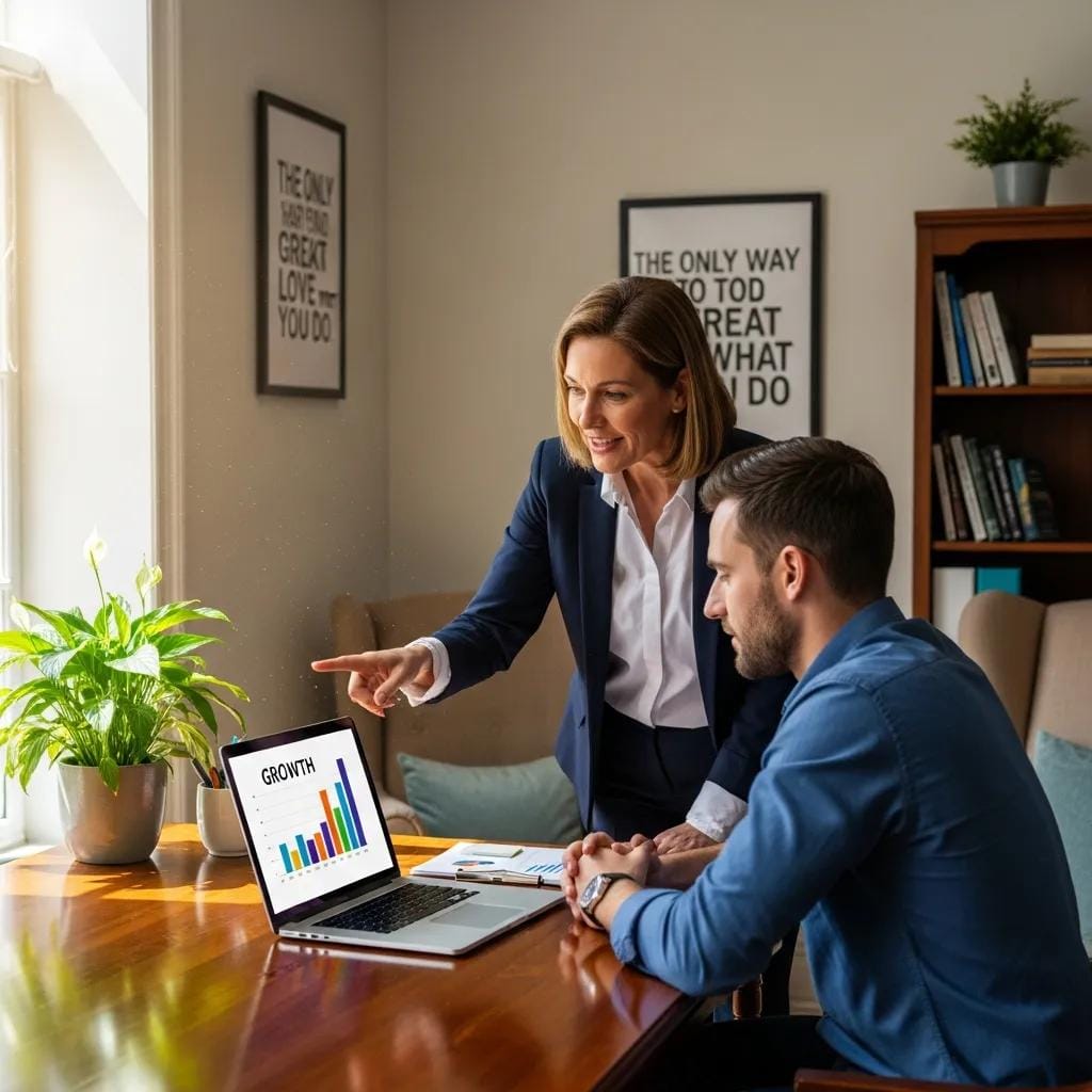 A coach advising a small-business owner in an office—focused guidance for practical growth
