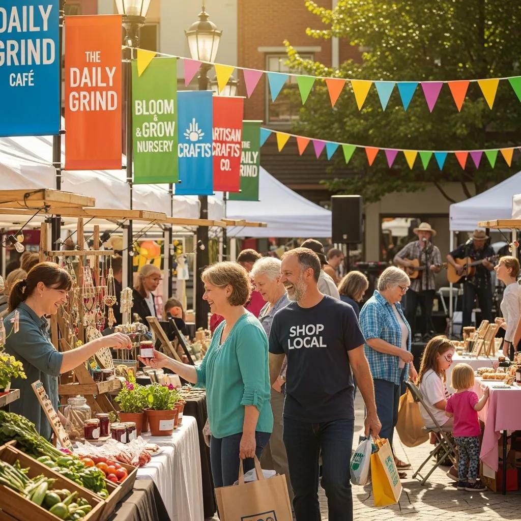 Community event with local businesses and residents interacting—building partnerships and local momentum
