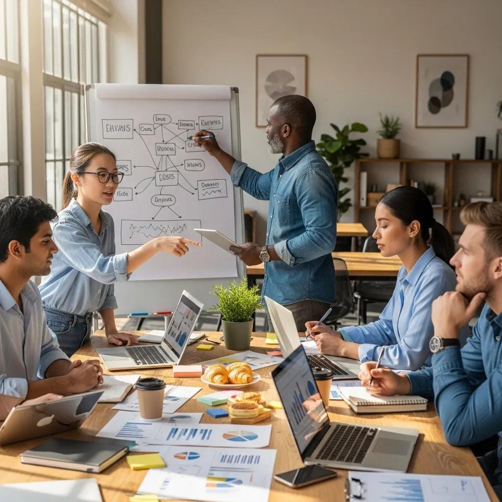Diverse local business owners collaborating in a modern workspace, emphasizing teamwork and innovation